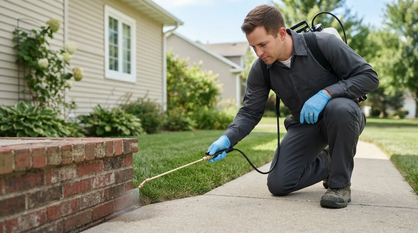Pest control technician treating a home near Amidon, ND