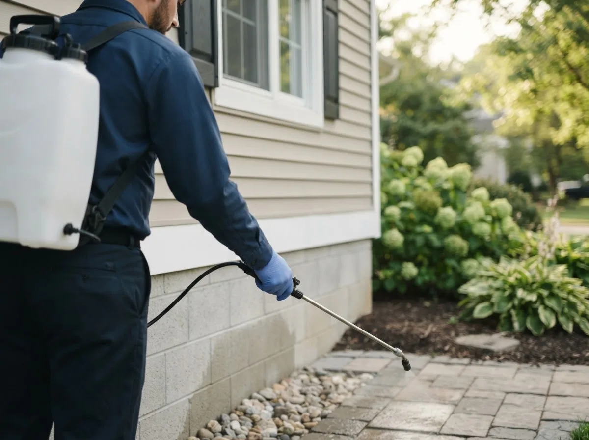 Pest control technician inspecting a home in Amidon, ND